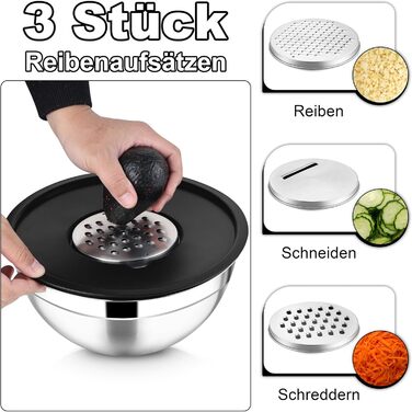 Миска Joyfair 4,5 л з нержавіючої сталі з кришкою, набором терок для приготування, миття в посудомийній машині - чорна