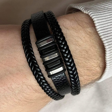 Чоловічий шкіряний браслет Premium: елегантний стиль, чорна сталь 316L