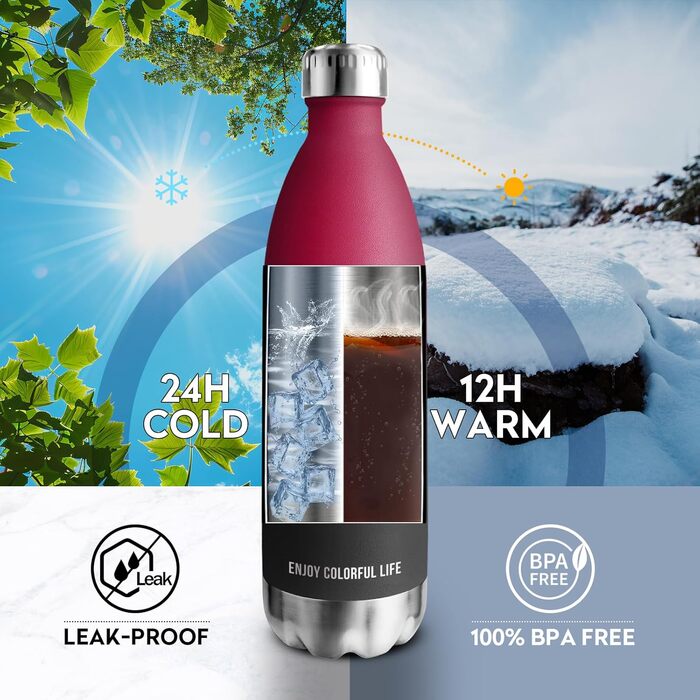 Термос KollyKolla з нержавіючої сталі 500мл/750мл/1л: термос-пляшка, спортивна, для дітей, без BPA, ізотермічна, для школи, кемпінгу, фітнесу, подорожей (1000 мл)