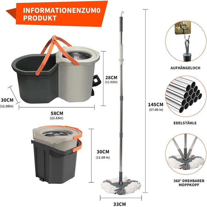 Набір для миття підлоги з відром, моп з функцією віджиму, відро з педальним механізмом та 2-камерним відсіком, повний набір з 3 мікрофібровими накладками для ламінату, паркету та плитки (світло-сірий)