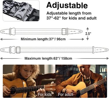 Гітарний ремінь LEKATO, смугастий, 6.7 см, з шкіряними кінцями та кишенькою для медіатора - з 6 медіаторами/фіксаторами ремінця - для бас-гітари, електрогітари та акустичної гітари