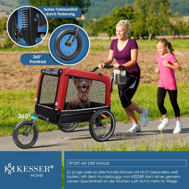 KESSER® Візок для собак Боксер 3-в-1: візок, бугі та велопричіп. Великий об'єм 240 л, амортизація, поворотне переднє колесо 360°, матеріал 600D Oxford Canvas, SmartSpace, вантажопідйомність 40 кг, зелений (червоний)
