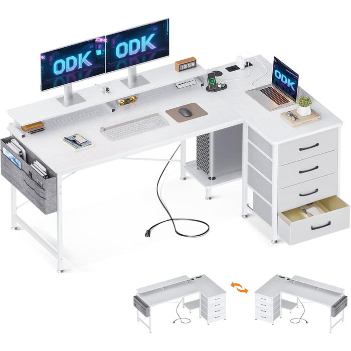 Кутовий письмовий стіл ODK білий, L-подібний, 160x80x84,7 см, з USB, розетками, 4 шухлядами, полицею для монітора, для домашнього офісу