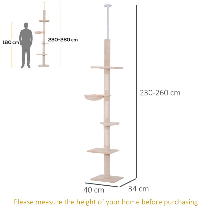 PawHut Cat Tree, Ceiling-High, H230-260 cm, Adjustable Height Climbing Tree for Cats, Stable, Beige | Aosom