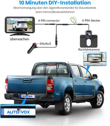 Автомобільна камера заднього виду Auto-VOX Plug & Play 4.8'' 1080P, стабільний сигнал, нічне бачення, IP69K, 3-кратний зум для вантажівок, SUV, автодомів