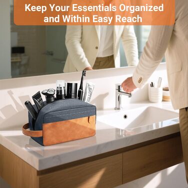 Чоловічий дорожній туалетний набір Elviros, подарунок для чоловіків, з можливістю підвішування, Dopp Kit, водонепроникний, з PU-шкіри, велика місткість, для подорожей та ванної кімнати (Морська синя, поверхня з PU-шкіри)