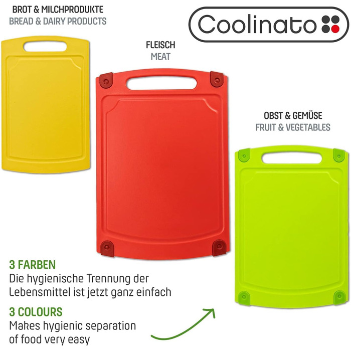 Набір кухонних дощок Coolinato з пластику сірого кольору (S/M/L) – 3 шт. з антибактеріальним покриттям, канавкою для соку, неслизькими кутиками та ручкою. Ідеально для гігієнічного розділення продуктів. Можна мити в посудомийній машині.