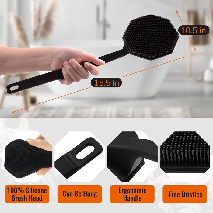 Силіконовий скребок для тіла під душ з довгим руків'ям, двостороння дзеркальна щітка для душу для скрабу та масажу, створює багато піни, скребок для спини з довгим руків'ям для чоловіків (Елегантний чорний)