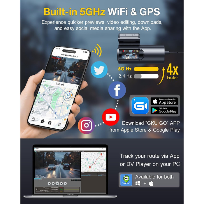Відеореєстратор GKU 4K Dual з GPS, WiFi, ParkSurv, Нічне Бачення, WDR, 170° та G-Sensor. В комплекті SD-карта 64GB. Чорний