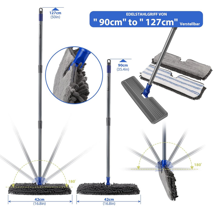 Myiosus Mop, Floor Wiper, Chenille Flat Mop with 4 Double-Sided Cleaning Pads, 127cm Mop with 360° Swivel Head, Microfiber Floor Wiper Set for Hardwood, Laminate, Tile, Includes 1 Scraper