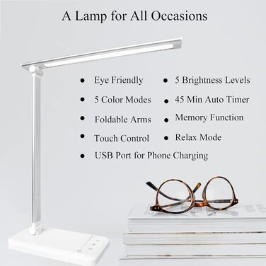 LED настільна лампа з димуванням, 5 рівнів яскравості, 5 кольорів, USB, таймер, сенсорне управління, пам'ять, для дітей, дівчаток