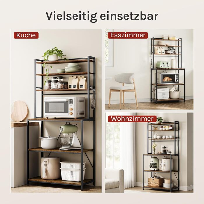 Стелаж кухонний WOLTU з 6 полицями, металевий з інженерної деревини, 60x167x40 см, коричневий+чорний