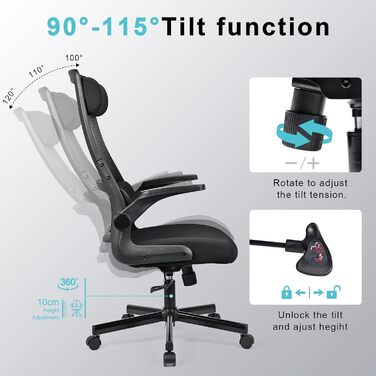 Ергономічне крісло для офісу з регульованою підголовником, офісне крісло з сітки, відкидні підлокітники, широке сидіння, функція гойдання, комп'ютерне крісло EN 1335, офісне крісло 200 кг, чорне