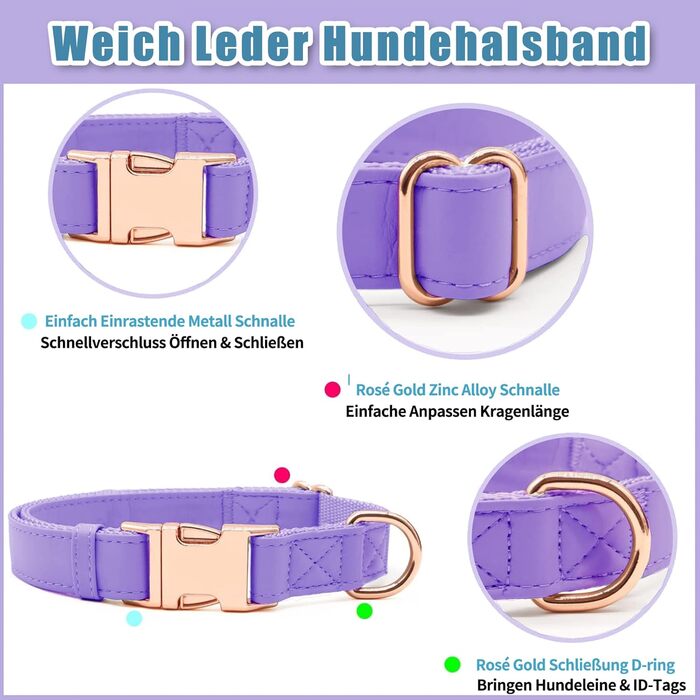 Набір повідка та нашийника для собак з м'якої шкіри, 2 м, 3-х рівневе регулювання, стильна рожева металева застібка, нейлонові повідки для цуценят, собак маленьких, середніх та великих порід, S (XS (обхват шиї 20-30.5 см, ширина 1.5 см), фіолетовий)