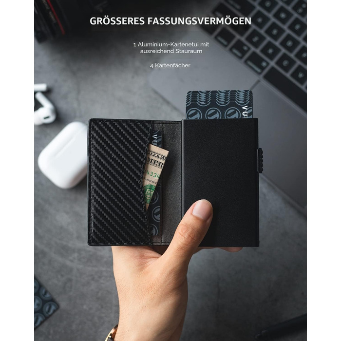 Кредитне портмоне VULKIT з RFID захистом, шкіряне, автоматична висувна картка, для карток та нотаток, чорне