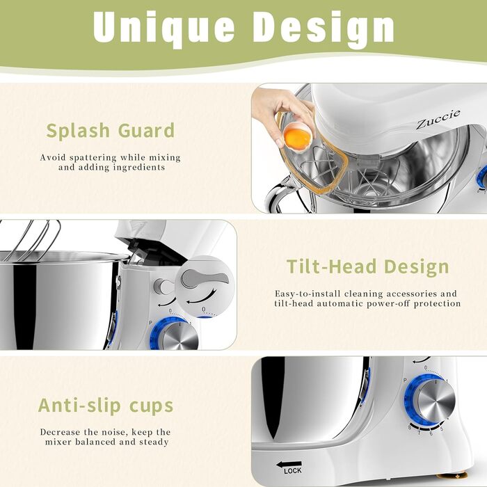 Stand Mixer, Zuccie Stand Mixer Quiet Mixing Machine including 5L Stainless Steel Bowl, 3 Mixing Tools, Splash Guard, Dough Scraper, and Egg Separator, 8+ Speed Dough Machine (White)