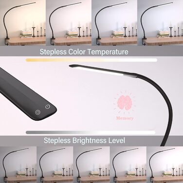 Настільна лампа HOKONE LED з клемою, димер, 4 кольори, 10 рівнів яскравості, гнусий «лебединий шия», 360° регулювання, для офісу, чорна T7-schwarz