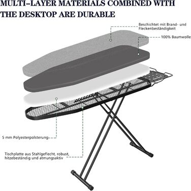 Aoufottes Folding Ironing Board, Ironing Board, Robust Steam Ironing Board with Iron Rest, with Non-Slip Feet, Stable Frame, Table Ironing Board with Adjustable Height, Ironing area 110x34cm