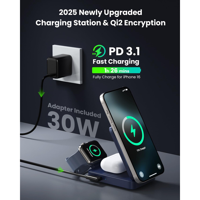 3-в-1 Бездротовий зарядний пристрій з MagSafe, Qi2, для iPhone 16/15/14/13/12, Apple Watch, AirPods, білий (блакитний)