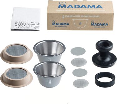 Madam - Refillable and reusable capsule, compatible with Dolce Gusto. Stainless steel and food-grade silicone. 100% Made in Italy. Pack of 2 coffee pads