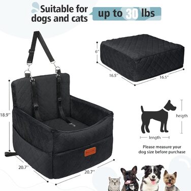 Washable Dog Car Seat for Small to Medium Dogs with Leash & Storage Pockets - Thickened Elevated Dog Bed for Back or Front Seat - Black