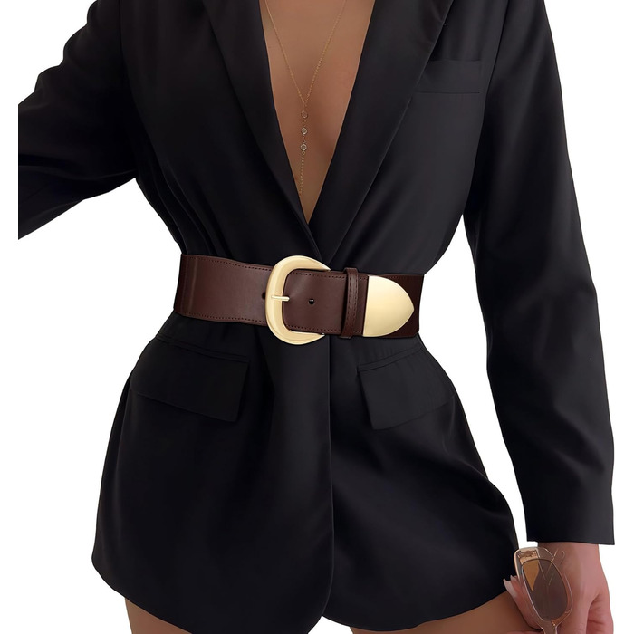 Жіночий широкий пояс-кушак WHIPPY, еластичний, з золотою пряжкою, 110 см, розмір талії 94-114 см (колір кавовий/золотий)