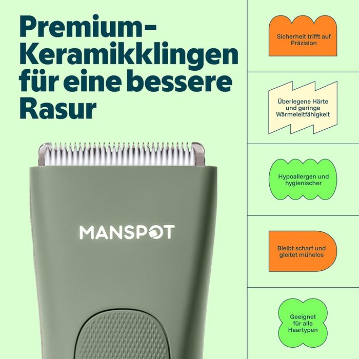 Триммер для тіла MANSPOT Intimrasierer для чоловіків, водонепроникний, з 4 насадками для інтимної зони, грудей, ніг та пахв – для сухого та вологого гоління