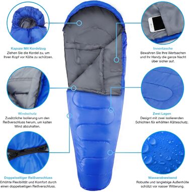 Сплячий мішок Active Era Mumienschlafsack – зимовий та літній, водонепроникний, вітрозахисний, ультралегкий, температурний режим -10°C до 10°C, компактний, для кемпінгу (блакитний)