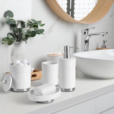 Набір аксесуарів для ванної кімнати з діамантами: органайзер для зубних щіток, дозатор мила, стакан для зубних щіток, мильниця, контейнер для ватних паличок, 5 шт., білий з металевим цоколем