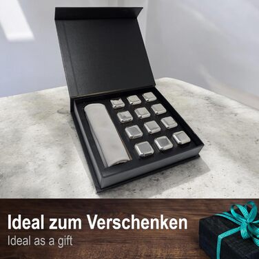 Камені для віскі Com-Four® з нержавіючої сталі - подарунчий набір (12 шт.) з мішечком та коробкою