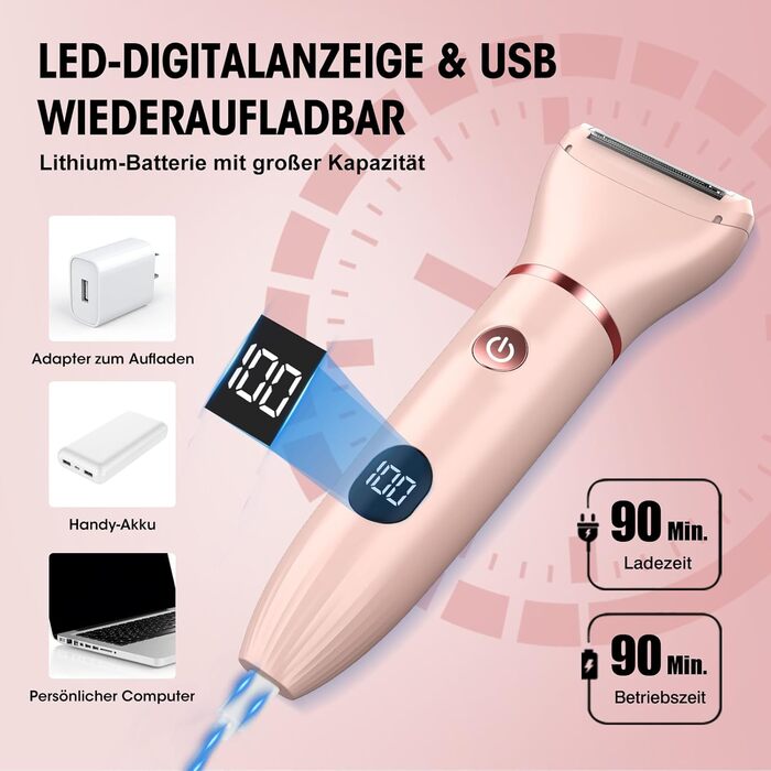 Suttik 3-в-1 тример для інтимної зони для жінок. Електричний бездротовий триммер для бікіні, вологостійкий (IPX6). Зручний подарунок (рожевий)