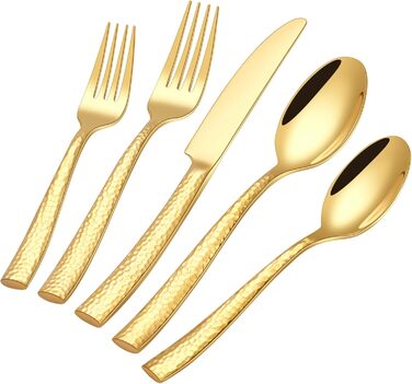 HONKKU 30-Piece Flatware Set, 6 People, Gold, Thickened Stainless Steel Cutlery Set with Hammered Handle, Eating Cutlery Set with Knife, Fork, Spoon, Mirror Polished, Dishwasher Safe