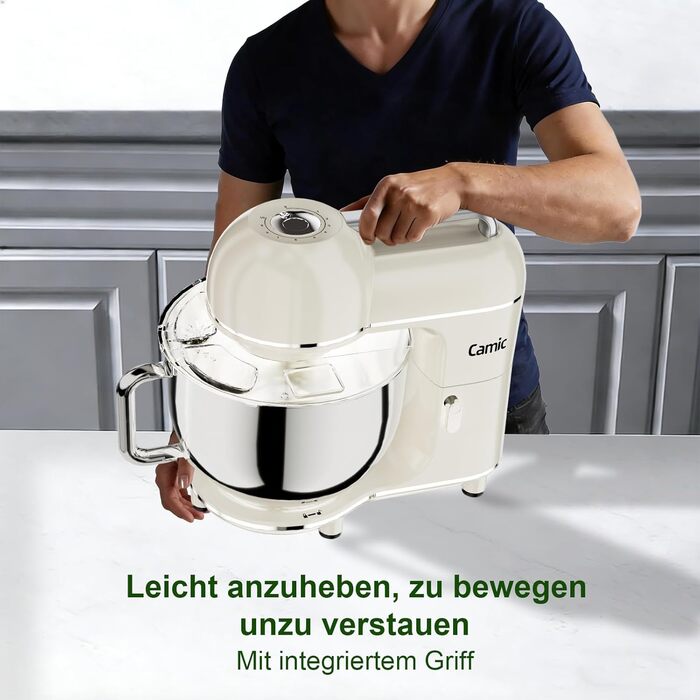 Кухонний комбайн-міксер Camic 2000W, чаша з нержавіючої сталі 7л, 10 швидкостей, набір насадок та захист від бризок, білий