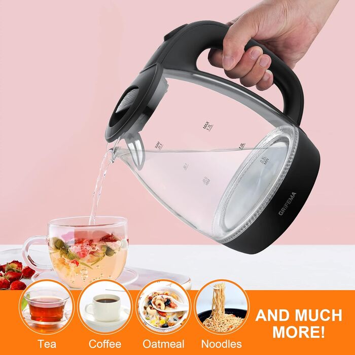 Електричний чайник GRIFEMA 0.8L, 1100W з фільтром від накипу, без BPA, автоматичне вимкнення, захист від перегріву, білий (скло 1.7L)