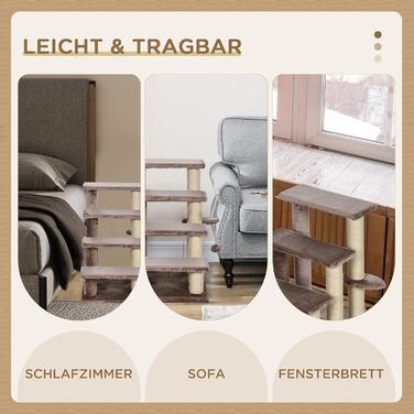 PawHut 3-Step Pet Stairs with Scratching Posts, Ball, Dog Stairs, Pet Stairs for Cats up to 5 kg, Plush Jute, White, 45 x 40 x 48 cm (60L x 40W x 64H cm, Brown)