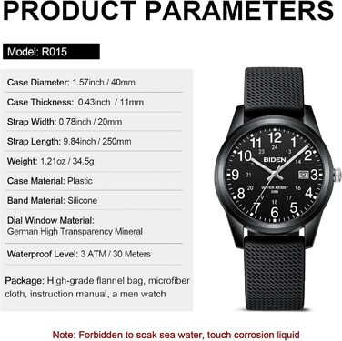 Чоловічий годинник: аналоговий кварцовий годинник на зап'ясті, водостійкий, модель R015, чорний колір