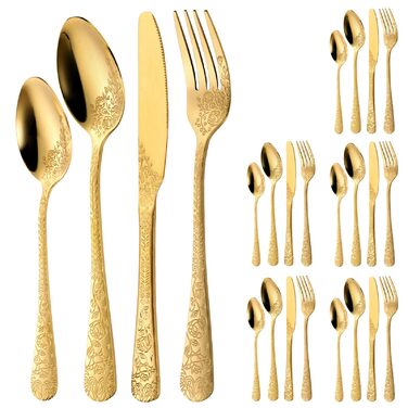 Набір столових приборів 24 предмети для 6 осіб з гравіюванням троянд, нержавіюча сталь, золотий колір - ножі, виделки, ложки, поліровані, для посудомийної машини, святковий