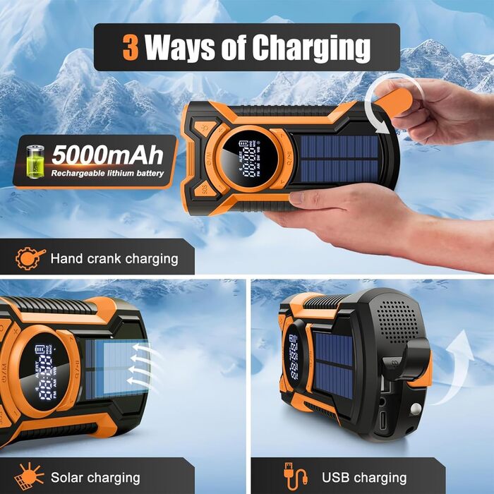 Радіо на сонячній батареї з ручкою, 5000mAh, Bluetooth, USB, FM/AM, SOS-сигнал, ліхтарик, IPX5, для кемпінгу та надзвичайних ситуацій