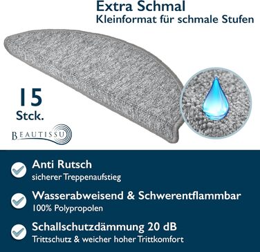 Килимок на сходи Beautissu ProStair 55x15 см (15 шт.) - сірий, самоклеючий, для вузьких сходів