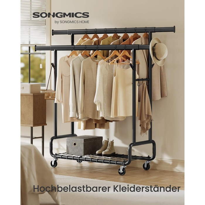 SONGMICS Стійка для одягу на коліщатках, важка, з 2 висувними штангами, регульована висота, з полицею та гачками, чорний HSR015B01
