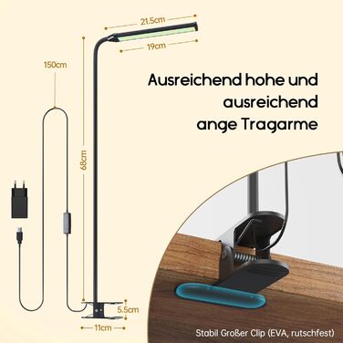 Стійка лампа Aisutha для столу з LED, 3 кольори, 10 рівнів яскравості, регульована, захист очей, для офісу, кабінету та майстерні (чорний)