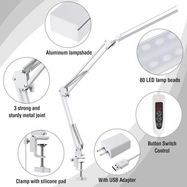SKYLEO Dimmable Desk Lamp with Clip - Eye Protection LED Task Lamp - 3 Modes & 10 Brightness Levels - Black