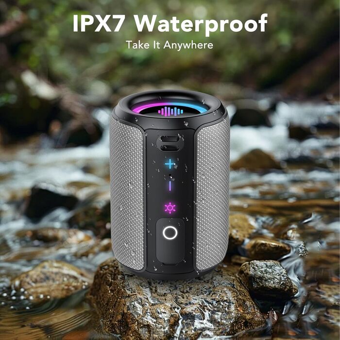 Bluetooth колонка 15W, портативна, 12 год автономії, IPX7 водонепроникна, сіра - для спорту, вечірок, подорожей