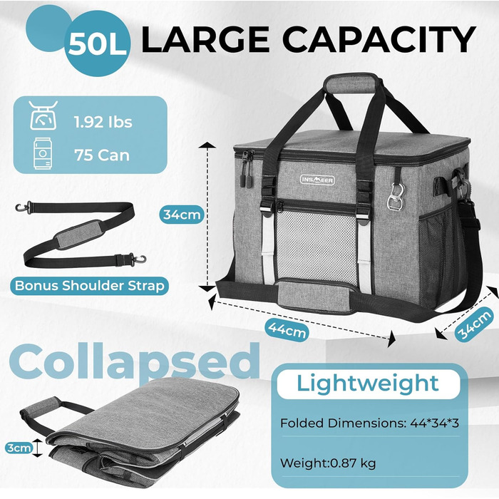 Сумка-холодильник INSMEER 50 л, велика, розкладні, для 80 банок, з відкривачем, для пікніків, кемпінгу, пляжу, сімейних поїздок на 4 особи (темно-сірий)