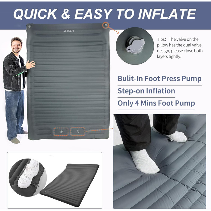 Isomatte Origem для 2 осіб, 14 см, самонадувна, ультралегка, для кемпінгу, туризму, рюкзака, зеленого кольору (сірий), з насосом