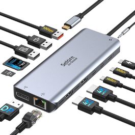 Док-станція USB-C з підтримкою 2 моніторів, 4K HDMI, DisplayPort, USB3.1, RJ45, 100W PD, кардридер, аудіо/мікрофон, для ноутбуків Dell HP (сірий)