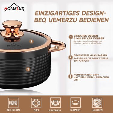 Набір каструль та сковорідок HOMELUX Induktion, 12 шт., алюміній, антипригарне покриття, з кришкою, для індукційних плит, PFOA & PFOS-free