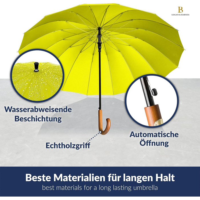 Logan & Barnes Stormproof Umbrella - 120cm Extra Large Windproof Umbrella with Wooden Handle & Silent Rubber Tip - 16 Rib Model EDINBURGH (Yellow)