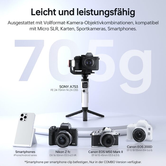 ZHIYUN Crane M3S: Стабілізатор камери з підсвічуванням 1000Lux, Bluetooth, дисплеєм 1.22' та вагою 705г. Підходить для DSLR, беззеркальних камер, смартфонів та екшн-камер.