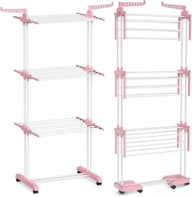 Foldable Stainless Steel Clothes Drying Rack with Wheels, Portable, for Indoor and Outdoor Use, White/Gray (Blue+White)